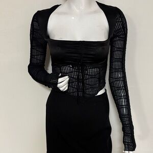 Danielle Guizio Black Long Sleeve Satin & Lace Fitted Fairy Vamp Goth Crop Top